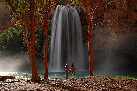 People at Havasu Falls - 120 ft drop (37 meters) 