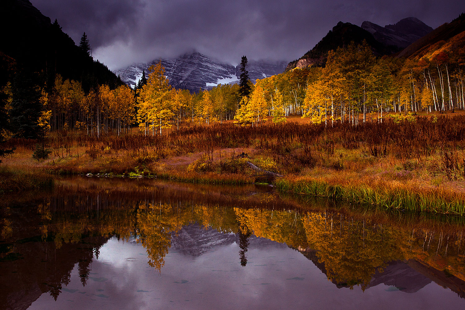 Pond reflection of Maroon Bells, Colorado â€¦ October 2011